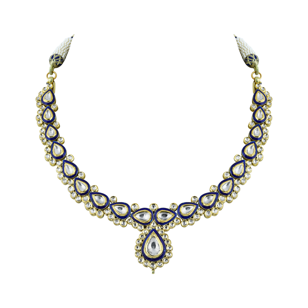 Polki Necklace with Blue Enamel Border
